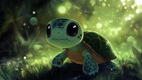 Bioluminescent forest turtle with stylized glossy shell.