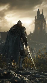 Armored knight surveying citadel under turbulent dusk sky.