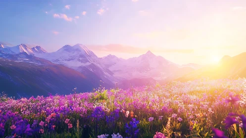 Sunlit alpine meadow glows beneath snowcapped peaks.