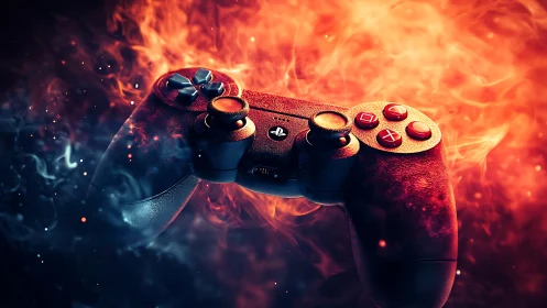 Dual joystick game controller suspended in vivid fire and smoke