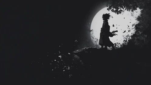 Lone anime hero walks beneath a bold, glowing full moon.
