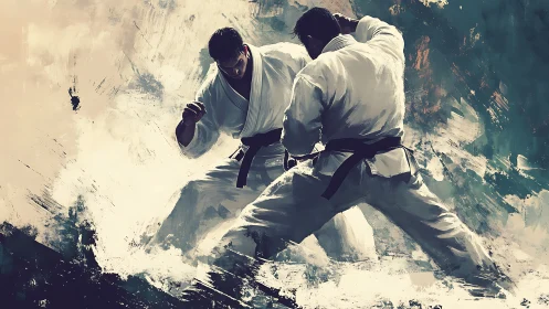 Martial artists in white gis engaging in sparring exchange.