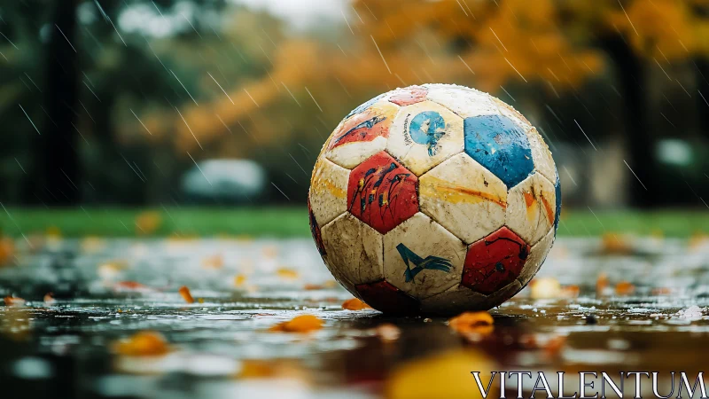 Weathered multicolor soccer ball on wet asphalt in autumn rain