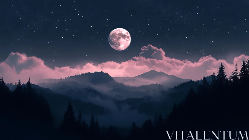 Moonlit forested mountains under pink stratiform clouds.