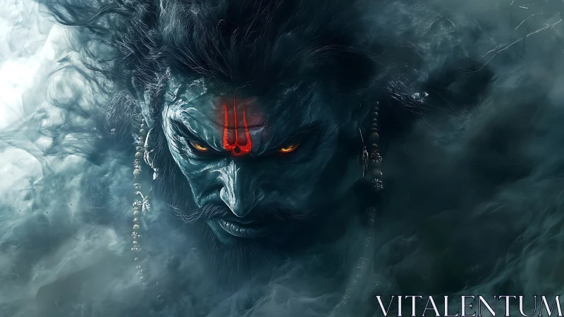 Mythic blue-skinned warrior face emerging from dense mist.