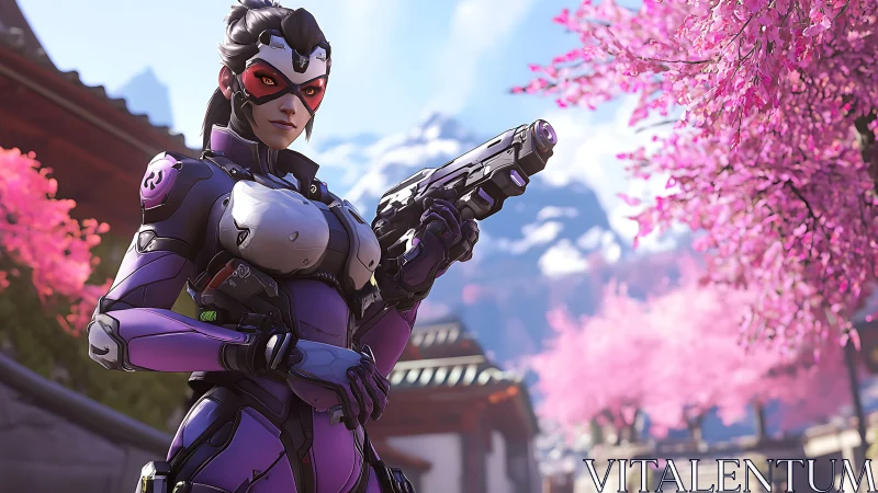 Armored character stands with pistol amid cherry blossoms