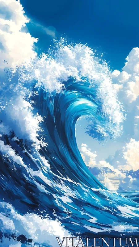 Majestic azure wave curling toward a distant sunlit coast.