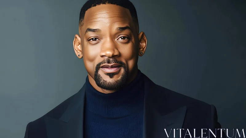 Hyperreal digital portrait of a poised man in dark tailoring