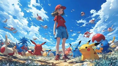 Pokemon trainer stands in open field surrounded by team