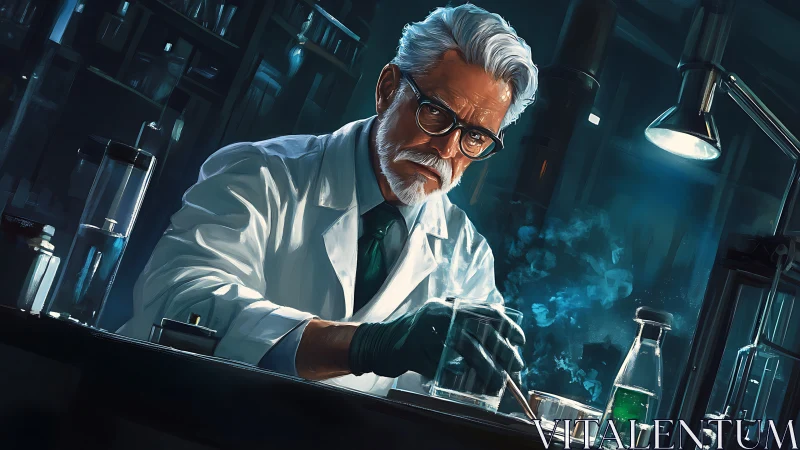 Elder scientist conducts focused experiment under cold lab light