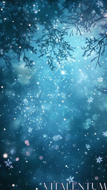 Winter canopy with crystalline snowflakes and bokeh glow.