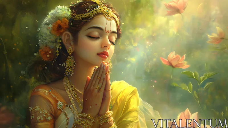 Softly illuminated devotional portrait with floral ornamentation