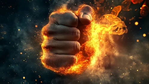 Human fist enclosed in fiery ring against dark space field.