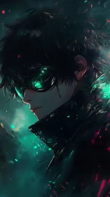 Side profile of youth in goggles with green light effects.