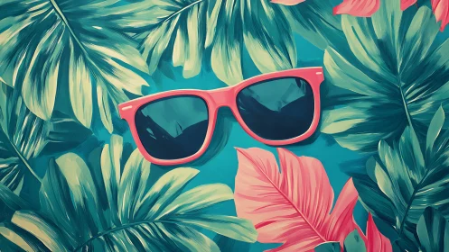 Sun-soaked coral sunglasses hiding in lush tropic leaves.