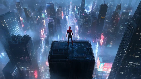 Masked superhero overlooking dense neon city skyline.