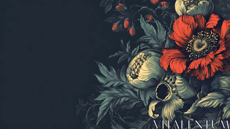 Botanical illustration with red gerbera and yellow petaled flowers on dark background.