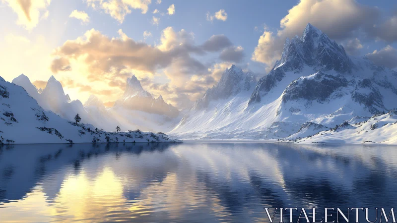Sunlit alpine peaks mirrored in tranquil icy lake panorama.