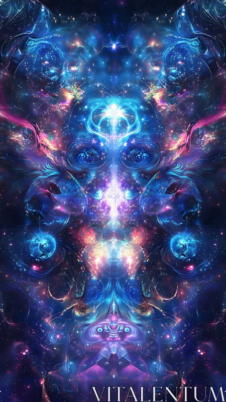 Symmetrical cosmic nebula forming abstract astral figure.