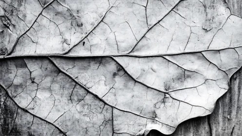 Textured monochrome leaf veins form an abstract landscape.