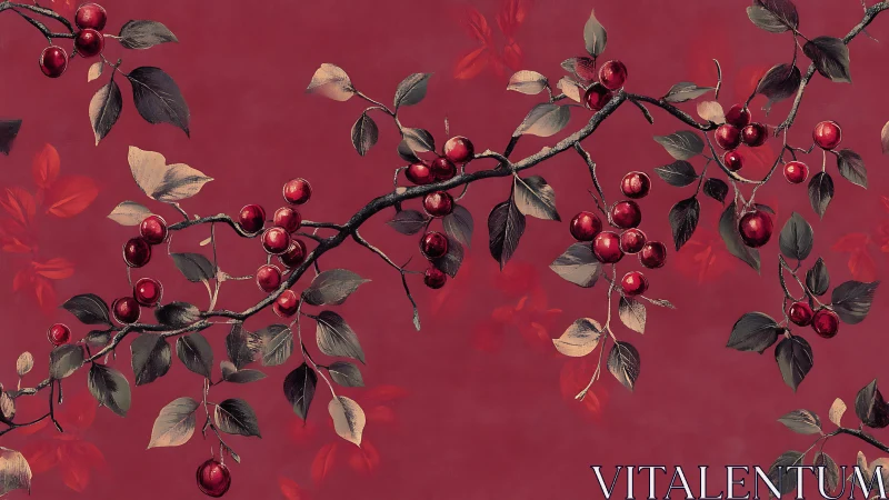 Crimson cherry branches with muted leaves on deep red ground.