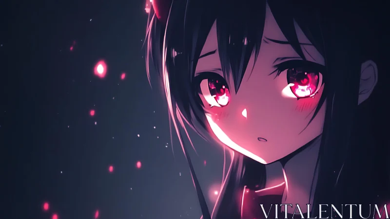 Anime girl portrait with pink glowing particles in dark space.