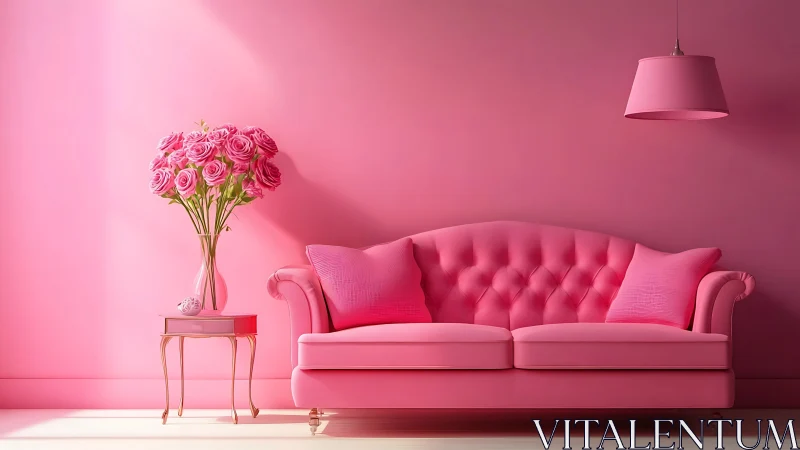 Monochrome pink interior sofa vignette with stylized lighting study