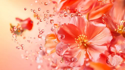 Red hibiscus flowers with water droplets suspended in motion.