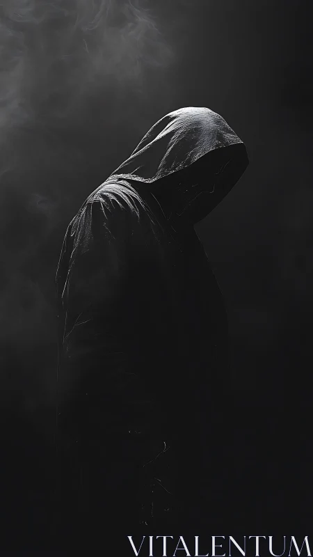 Silent hooded figure wrapped in shadowy cinematic mystery.