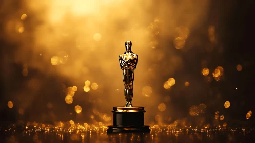 Cinematic golden award statuette on reflective pedestal stage