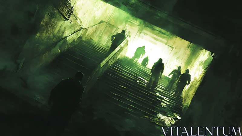 Survivors ascend a ruined stairwell into eerie green light.