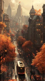 Autumn tram glides through a golden, misty city boulevard
