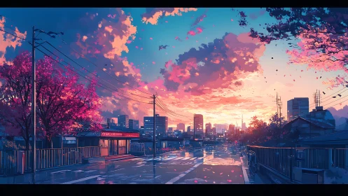 Twilight city avenue under glowing sakura clouds at dusk.