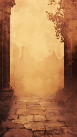 Digital painting of misted ruin corridor with warm palette.