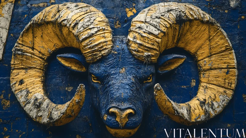 Weathered ram relief sculpture with textured yellow horns and blue patina
