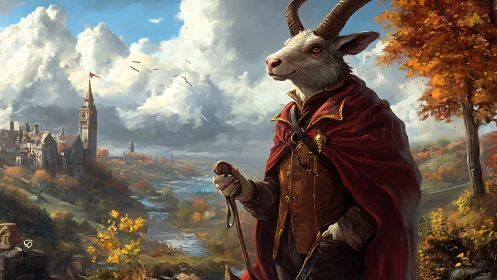 Gallant goat wanderer surveying an amber river kingdom.