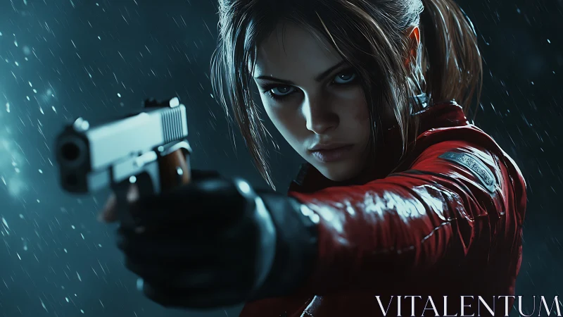 Rain‑soaked gunslinger locks in under neon midnight storm.