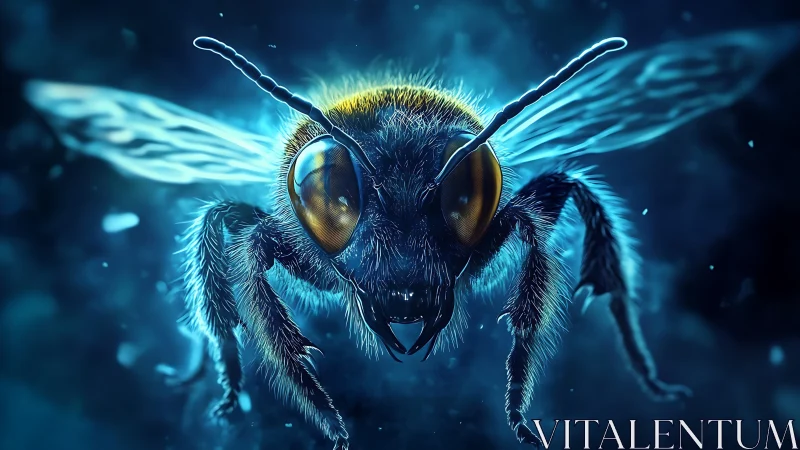 Macro digital rendering of illuminated flying bee insect.