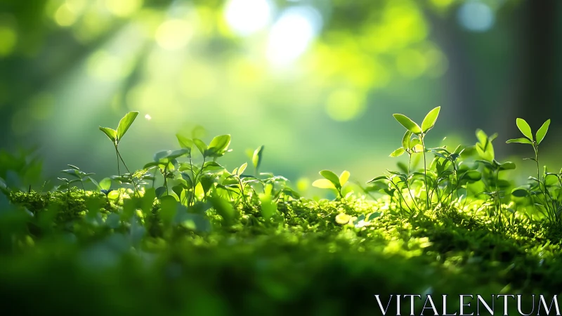 Fresh Green Seedlings in Morning Forest Light, Nature Photography.
