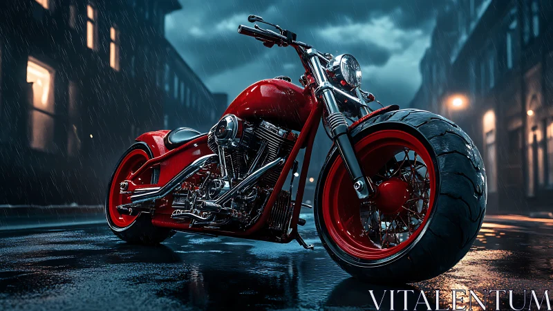Custom red chopper motorcycle under rain in moody city street.