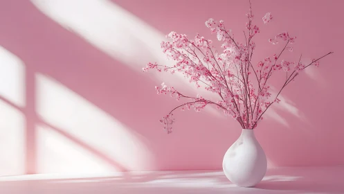 White vase with pink baby's breath flowers against pink wall