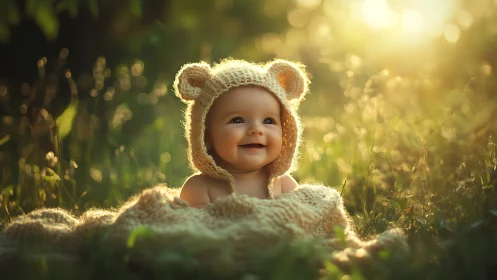 Infant seated in natural light wearing knitted animal costume