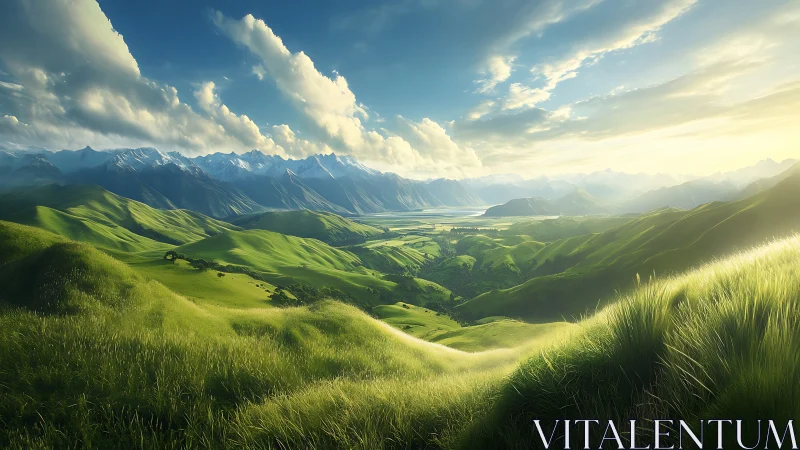 Sunlit alpine valley with rolling grass hills and distant lake