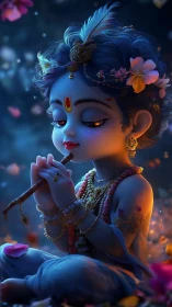 Gentle baby deity sits in dusk light, cradling a flute