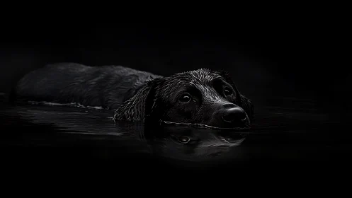 Black dog quietly swims through shadowed, reflective water.