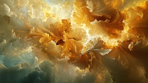 Radiant fractal storm in swirling amber cloudscapes.