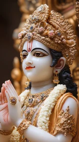 Graceful deity statue in golden adornment and gentle prayer.