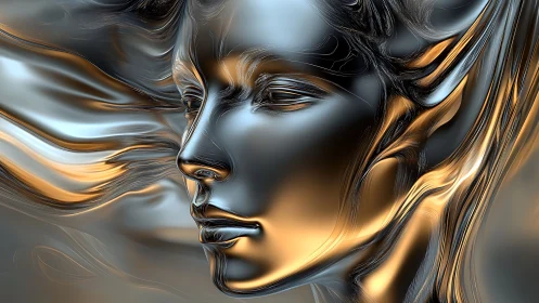 Liquid metal muse in flowing chrome and gold light.