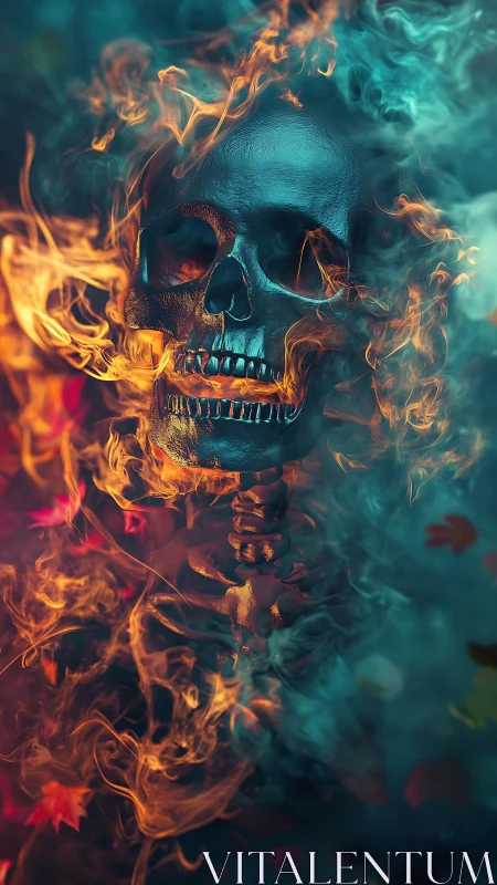 Flaming metallic skull emerges through teal vapor and embers