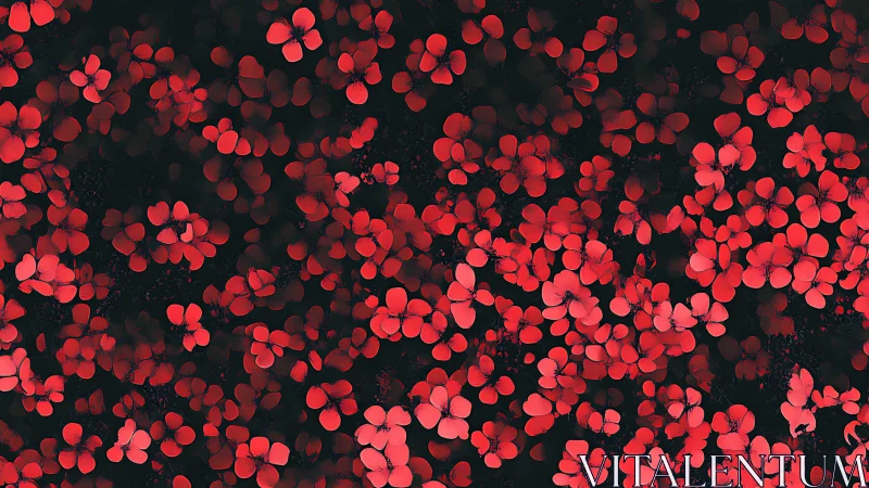 Crimson petal clusters on deep black abstract ground.